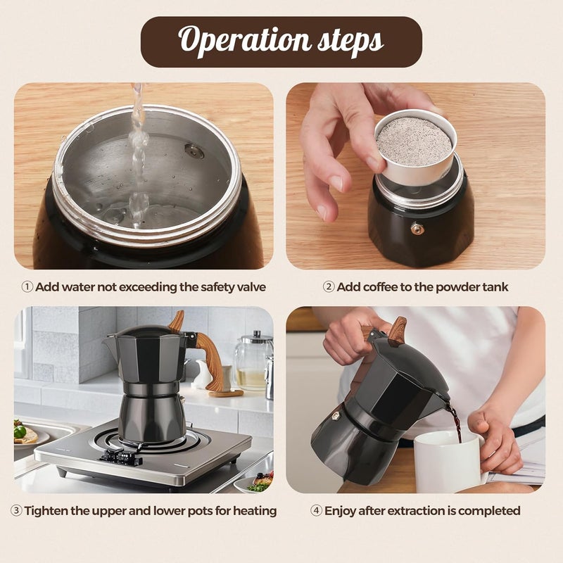 Warmthmaster Moka Pot Aluminium Stovetop Espresso Maker Italian Coffee Maker with Cool Touch Handle (Black, 3 Cup) - Image 4